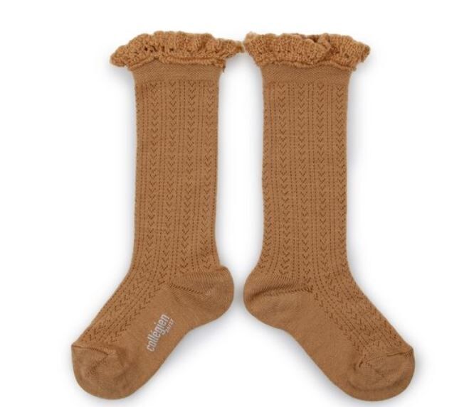 COLLEGIEN 蕾絲邊花針織高筒襪 Adeline - Caramel au Beurre Salé焦糖