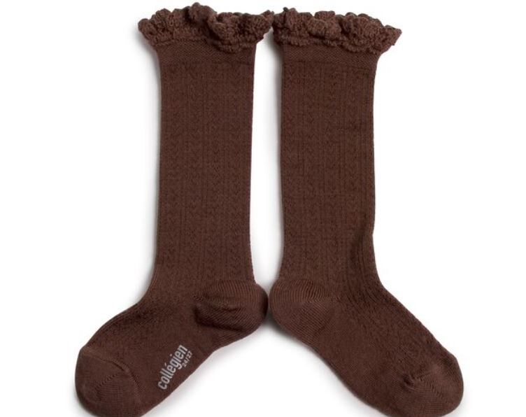 COLLEGIEN 蕾絲邊花針織高筒襪 Adeline - Chocolat au Lait 巧克力