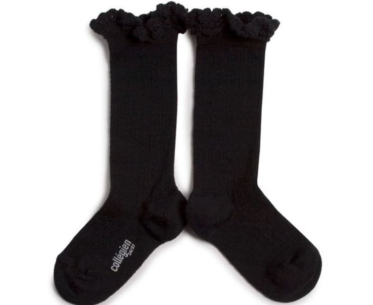 COLLEGIEN 蕾絲邊花針織高筒襪 Adeline - Noir de Charbon 黑
