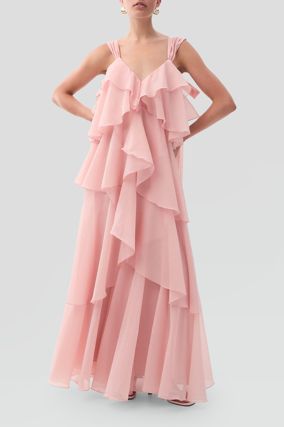 Aje｜GRACIE V領繫帶不對稱層次長洋裝