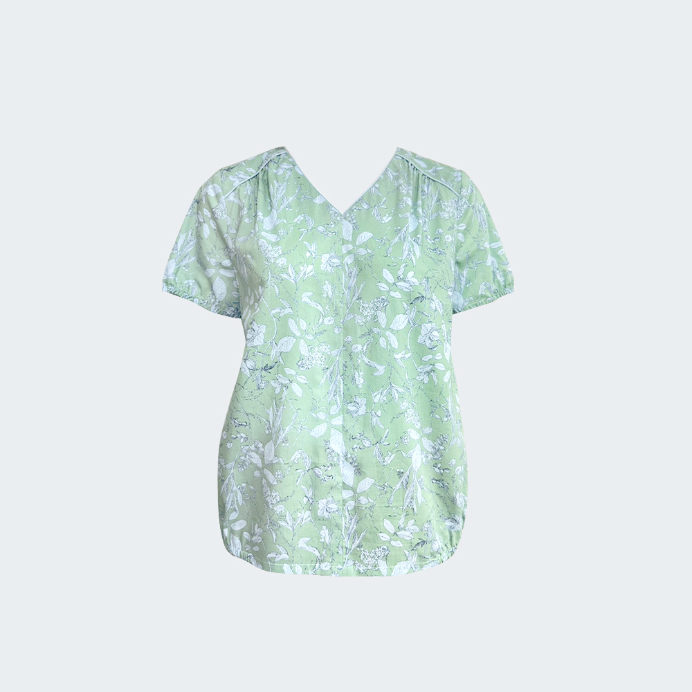 清晨花語V領棉感短袖上衣