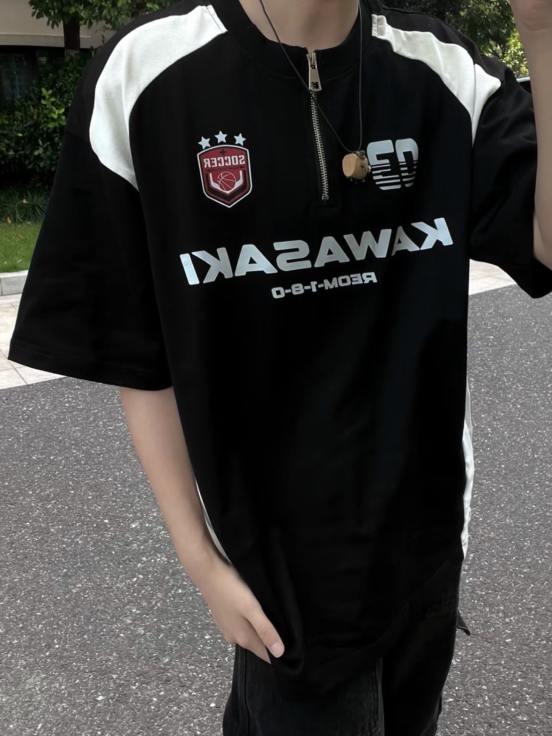 KAWASAKI 🇯🇵 復古 拼接撞色 半拉鍊 圓領短袖