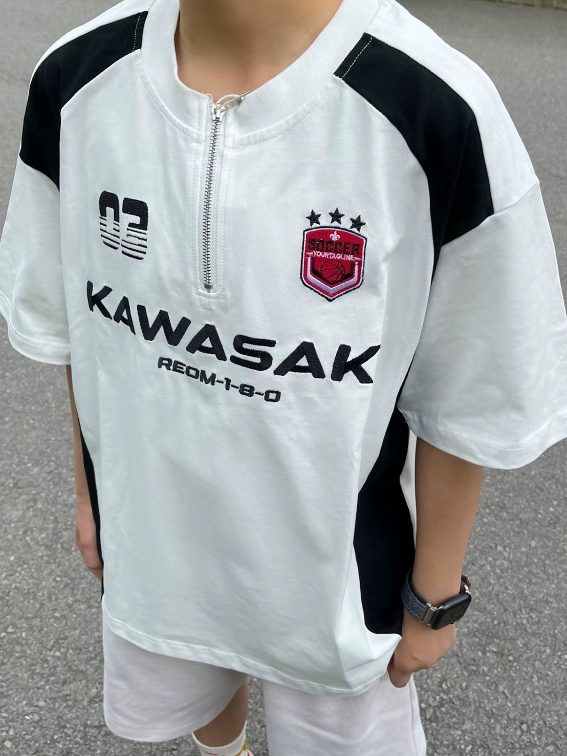 KAWASAKI 🇯🇵 復古 拼接撞色 半拉鍊 圓領短袖