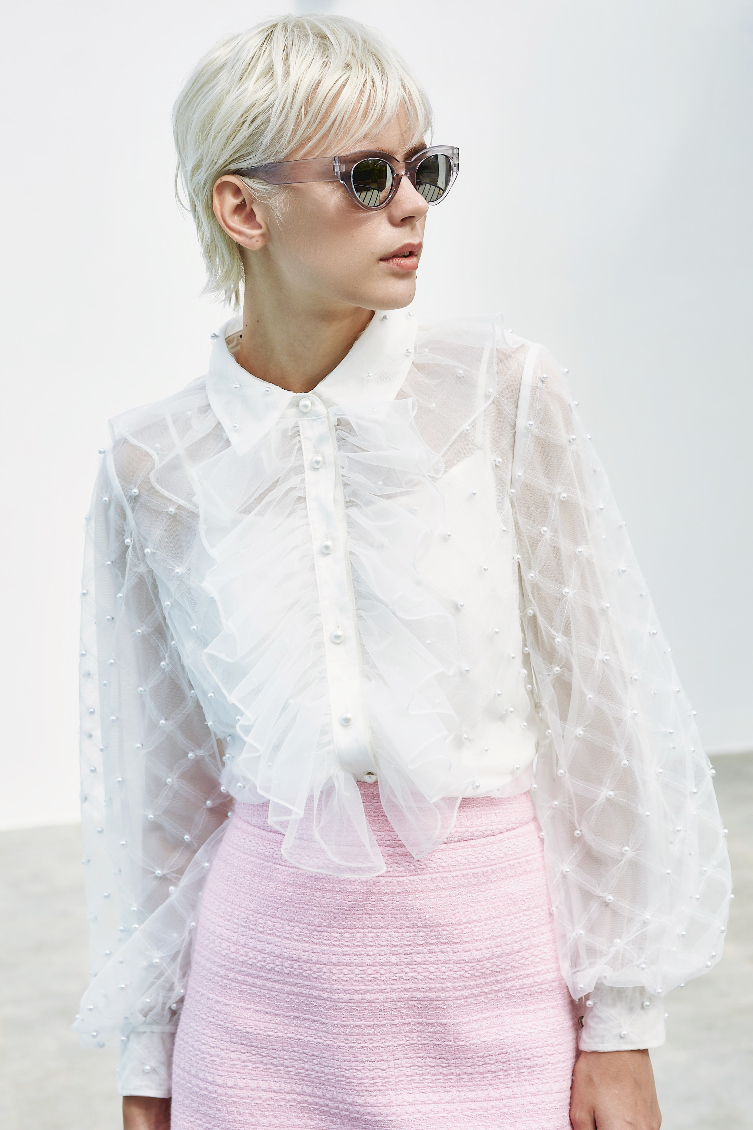 BD10105A1 巴特羅水波舞珍珠菱格紋紗網浪漫女衫 (高訂款)