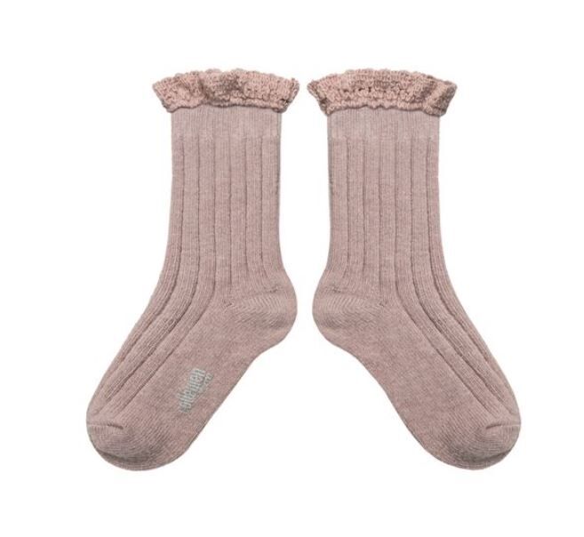 COLLEGIEN 羅紋花邊羊毛襪 Hermine -  Vieux Rose 復古粉