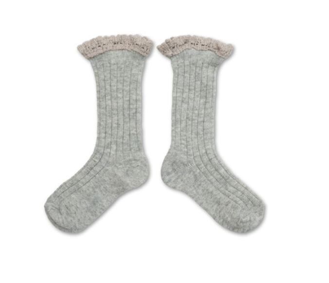 COLLEGIEN 羅紋花邊羊毛襪 Hermine -  Gris Clair淺灰