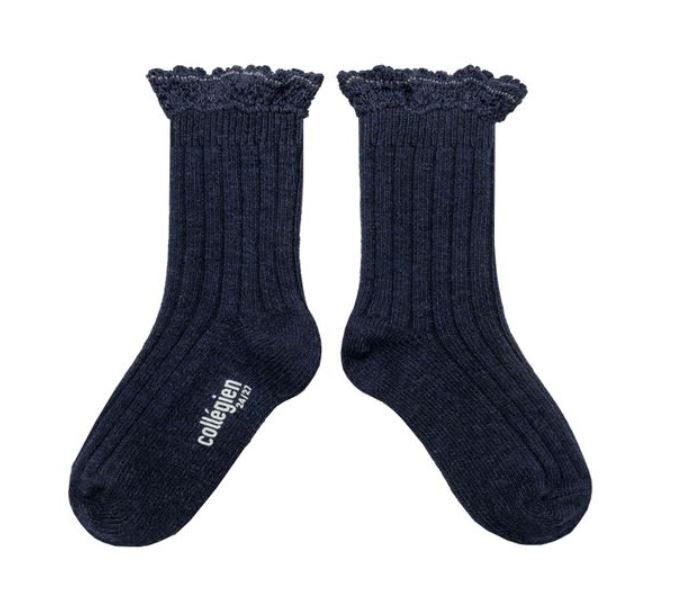 COLLEGIEN 羅紋花邊羊毛襪 Hermine -  Douce Nuit夜黑色