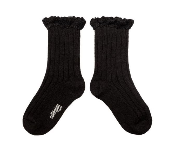 COLLEGIEN 羅紋花邊羊毛襪 Hermine -  Noir de Charbon 黑