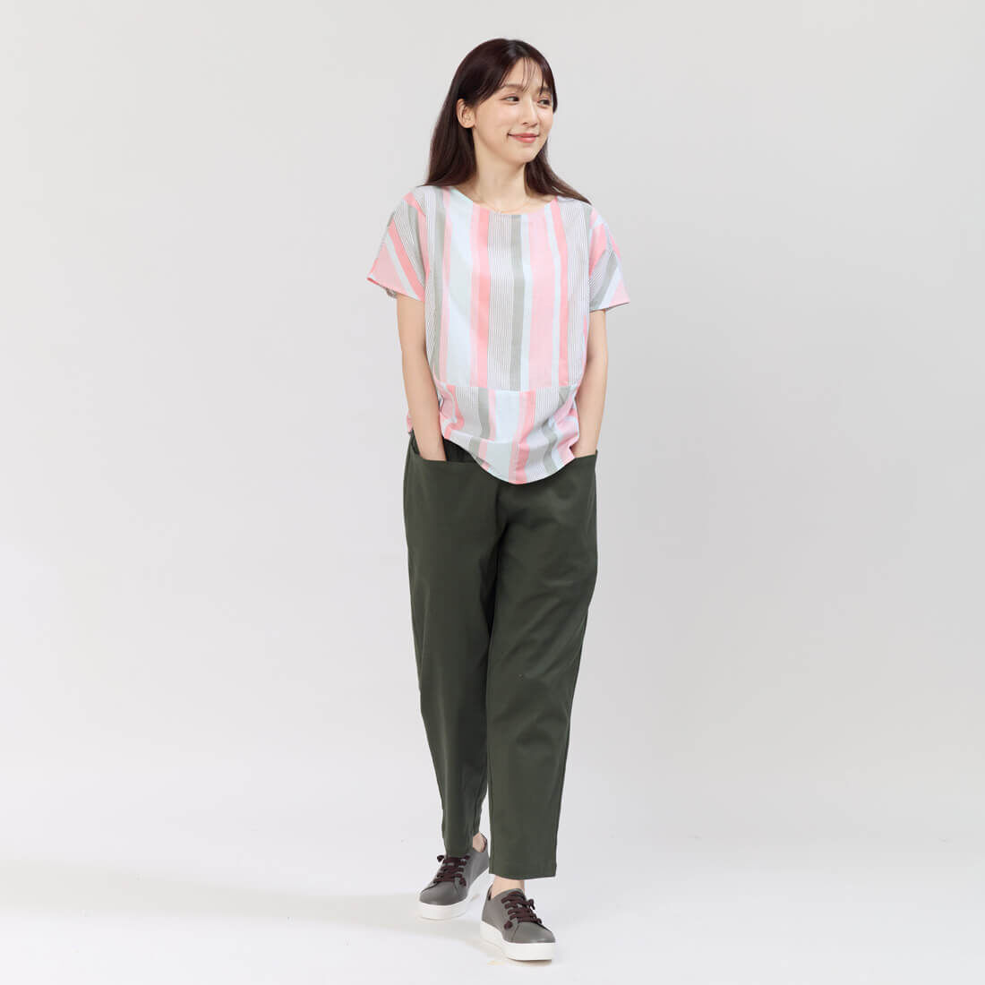 Debbie 方型小蓋袖拼接棉質直條上衣 /綠粉條