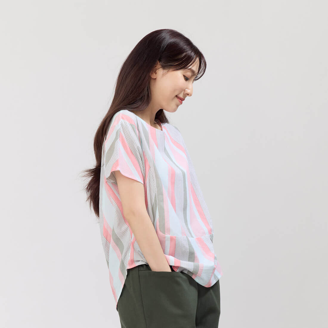 Debbie 方型小蓋袖拼接棉質直條上衣 /綠粉條