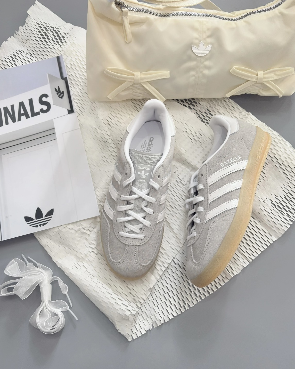Adidas Gazelle Indoor 奶油灰 緞帶鞋帶