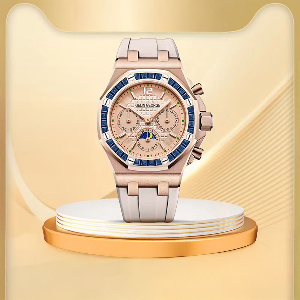 【GELIN GEORGE 格林喬治】皇家星辰系列 G限量 女款 晶鑽 機械 真三眼 矽膠 手錶 L-501