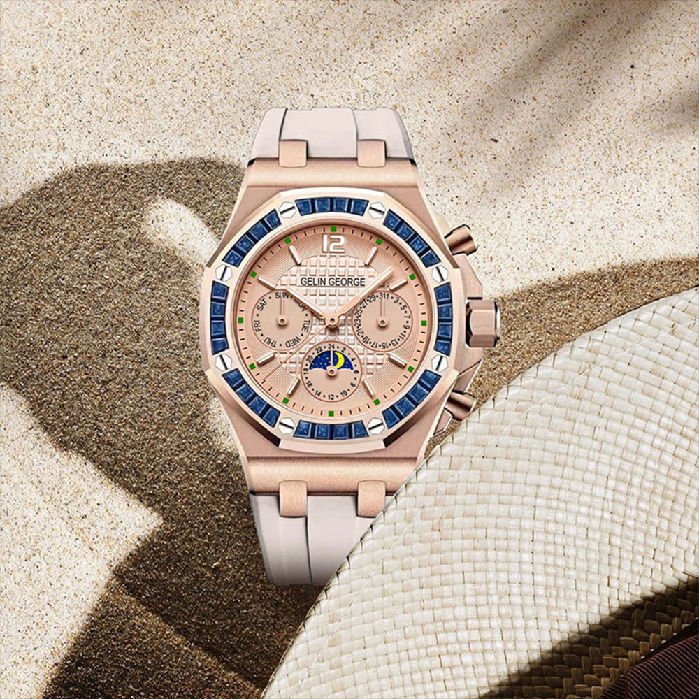 【GELIN GEORGE 格林喬治】皇家星辰系列 GL-501 限量 女款 晶鑽錶圈 機械 真三眼 矽膠 手錶