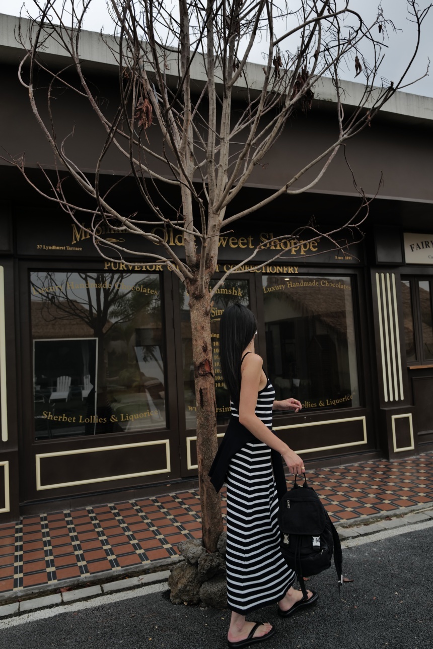 藍系附披肩條紋長洋裝