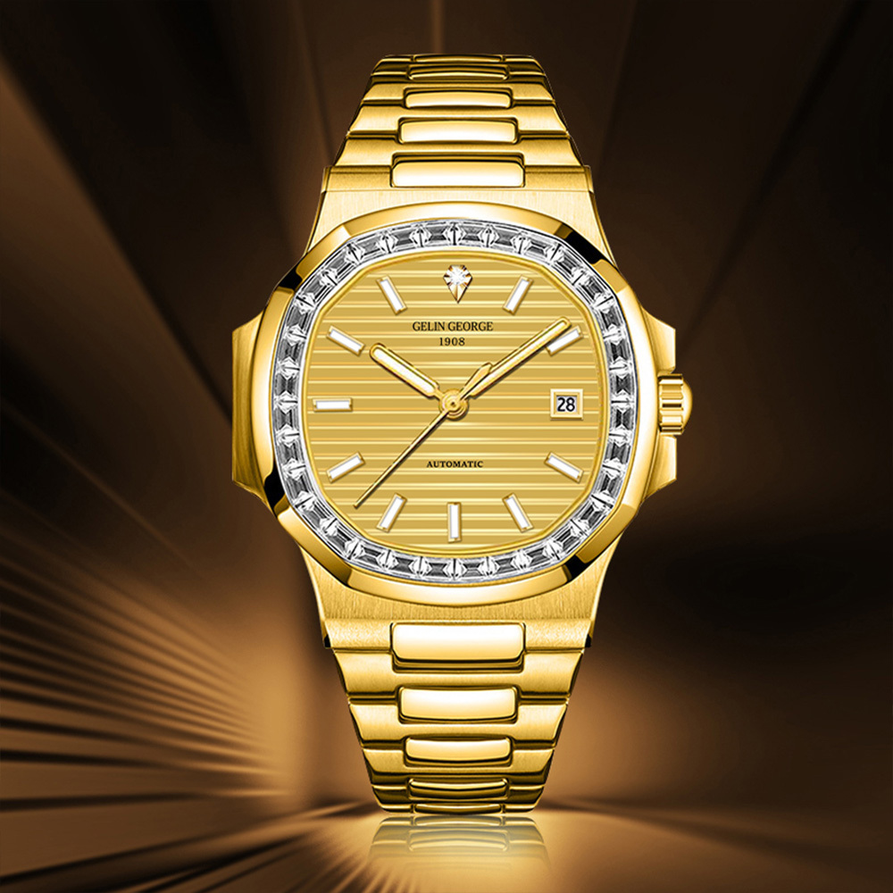 【GELIN GEORGE 格林喬治】GL-601 限量 錶殼錶帶表面黃金 晶鑽/真鑽 瑞士機械 夜光 不鏽鋼 手錶
