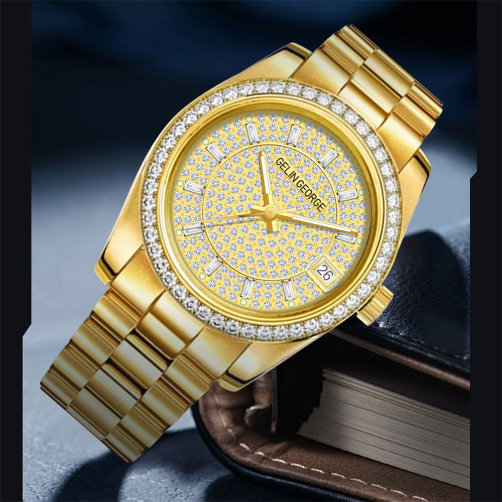 【GELIN GEORGE 格林喬治】黃冰糖系列 GL-605 限量 錶殼錶帶表面黃金 機械 夜光 不鏽鋼 手錶