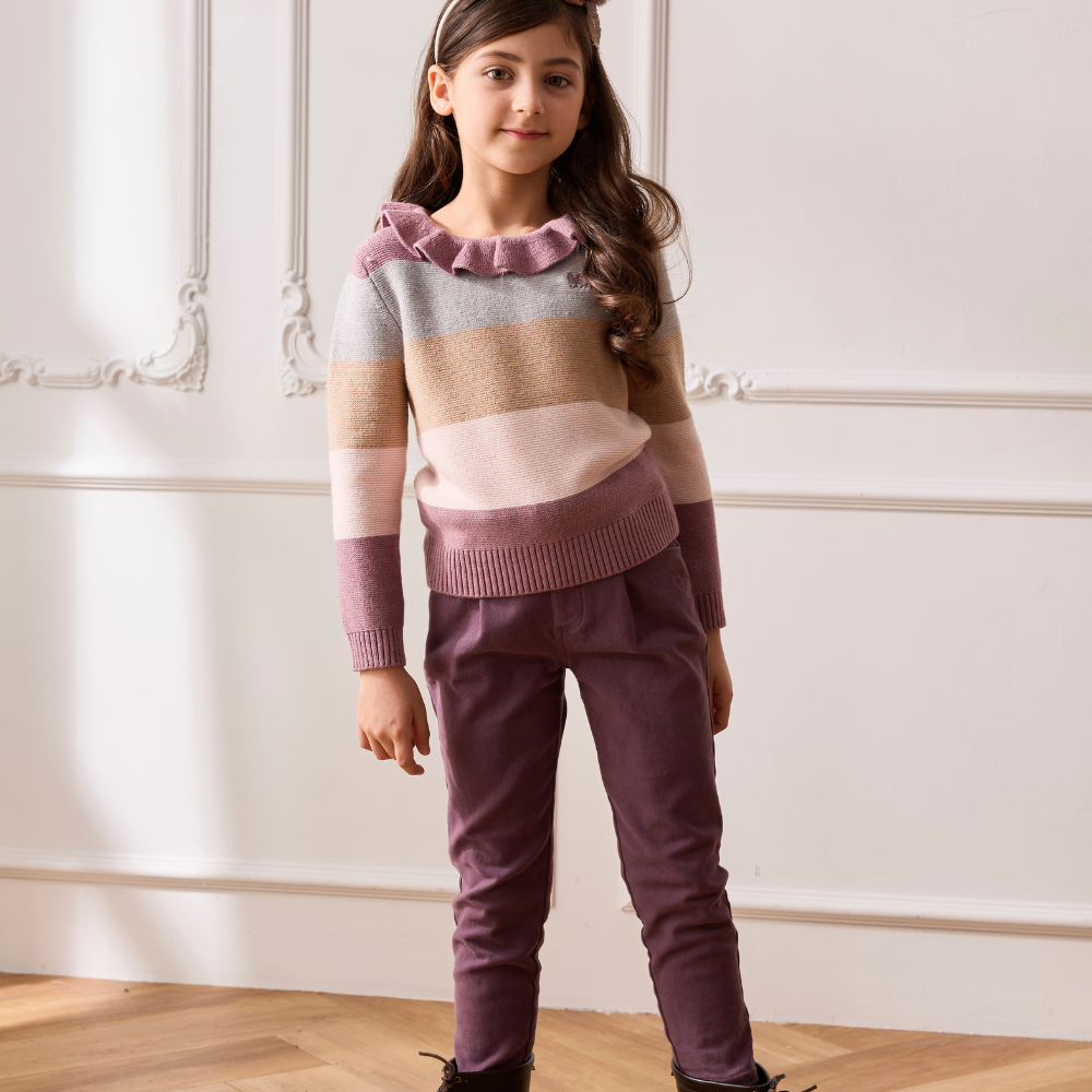 PIPPY典雅印花腰帶彈性棉絨布長褲 灰紫