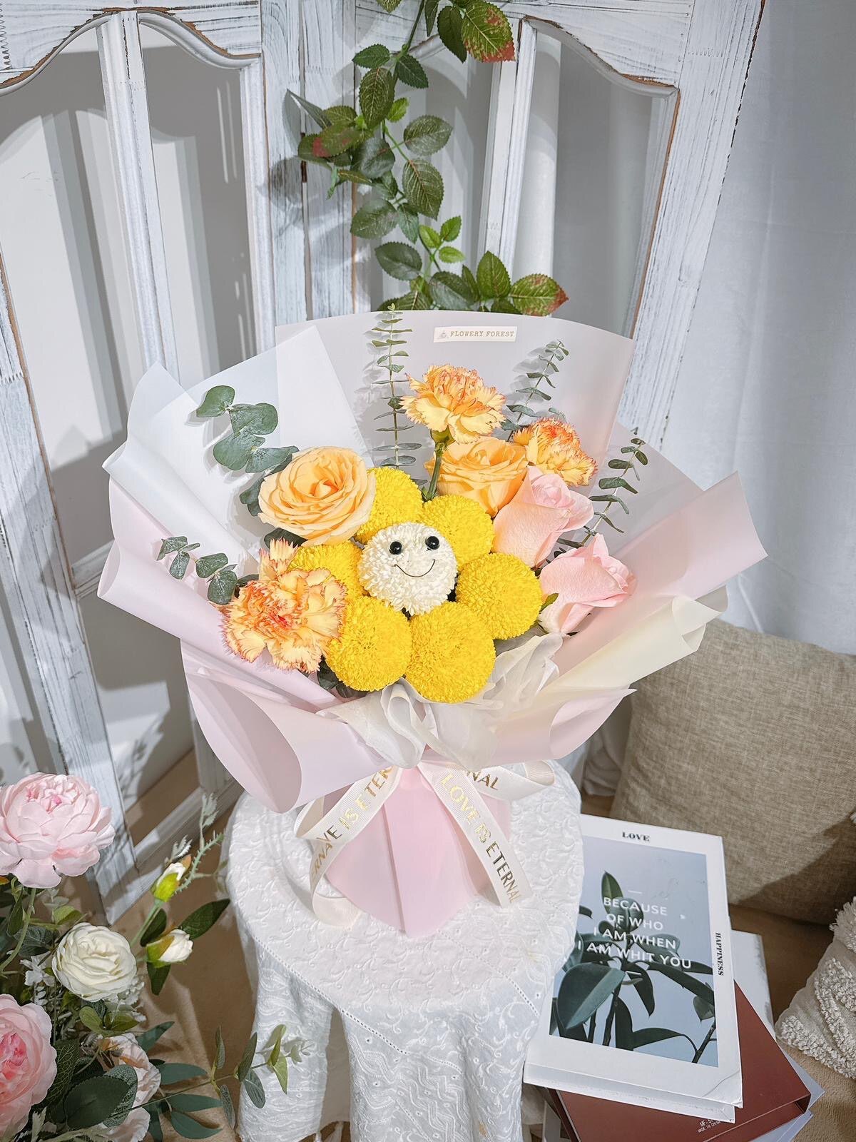 笑臉波波菊玫瑰康乃馨鮮花束