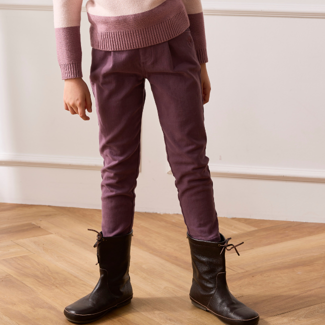 PIPPY典雅印花腰帶彈性棉絨布長褲 灰紫