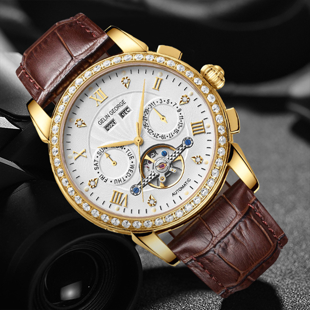 【GELIN GEORGE格林喬治】王者風範系列 GL-607 限量 錶殼錶扣表面黃金 機械 真兩眼 皮革 手錶