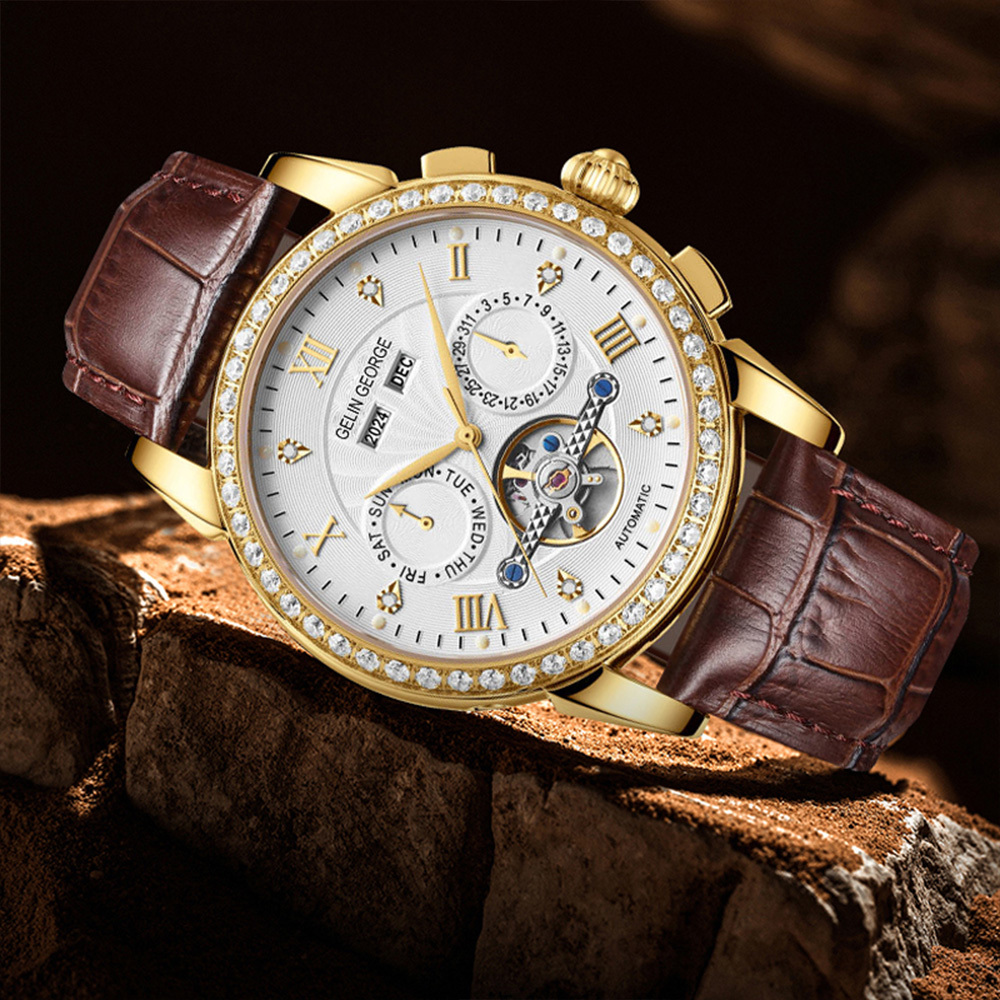 【GELIN GEORGE格林喬治】王者風範系列 限量 表面黃金 機械 真兩眼 皮革 手錶 GL-607