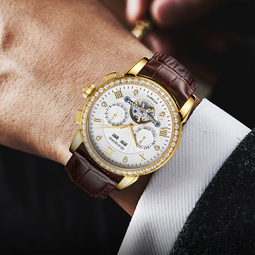 【GELIN GEORGE格林喬治】王者風範系列 GL-607 限量 錶殼錶扣表面黃金 機械 真兩眼 皮革 手錶