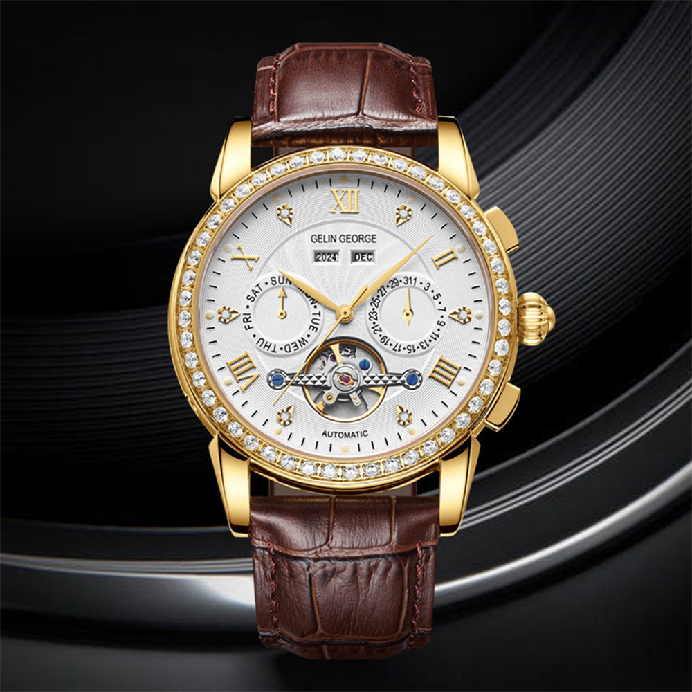 【GELIN GEORGE格林喬治】王者風範系列 GL-607 限量 錶殼錶扣表面黃金 機械 真兩眼 皮革 手錶