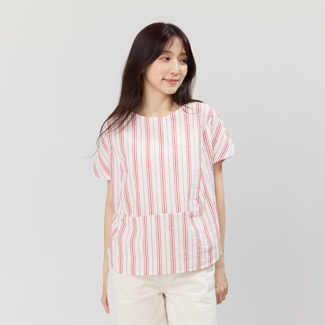 Debbie 方型小蓋袖拼接棉質直條上衣 /紅白條