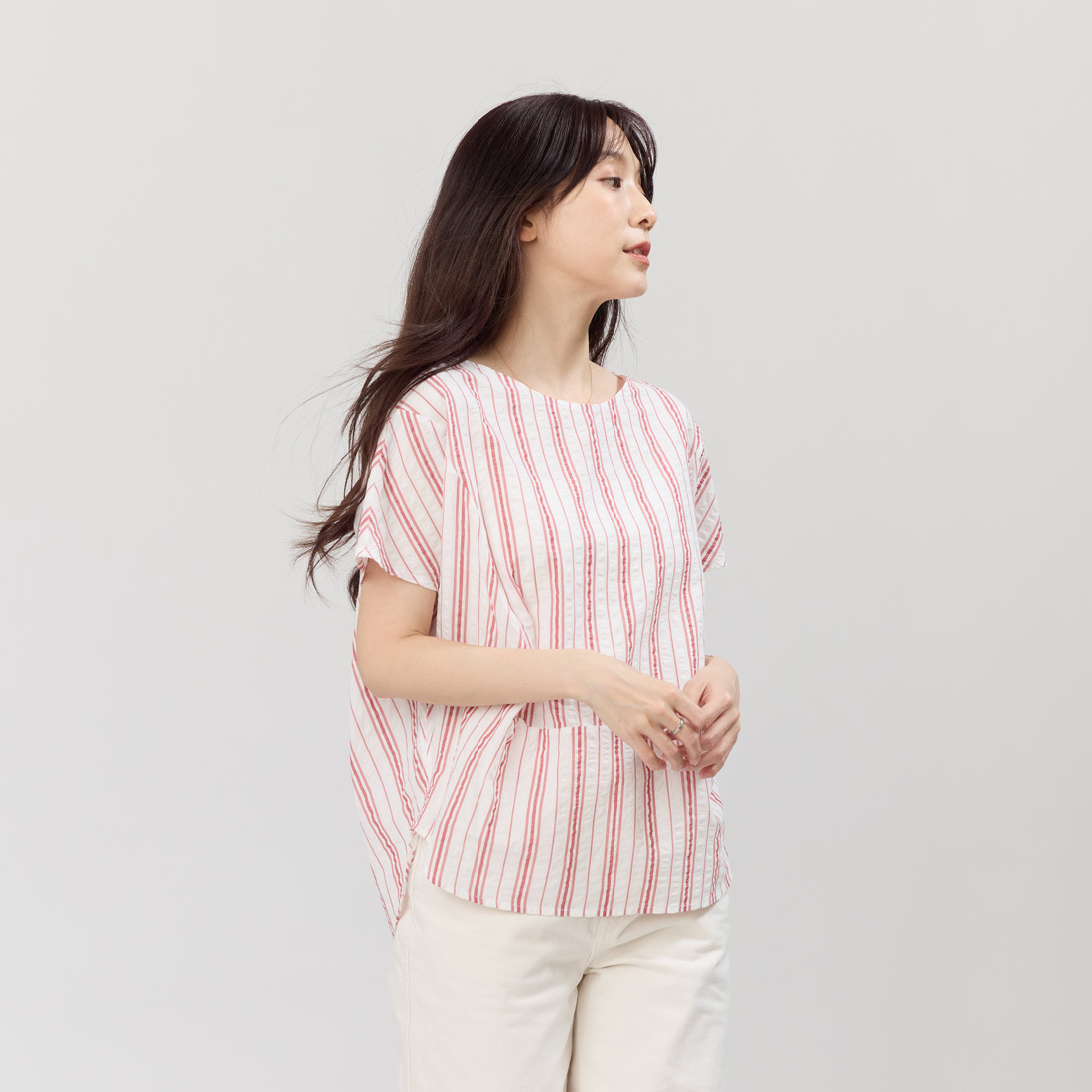 Debbie 方型小蓋袖拼接棉質直條上衣 /紅白條