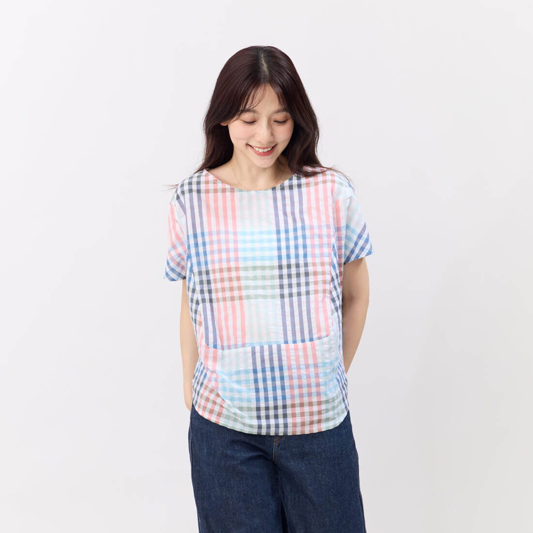 Debbie 方型小蓋袖拼接棉質直條上衣 /粉格紋