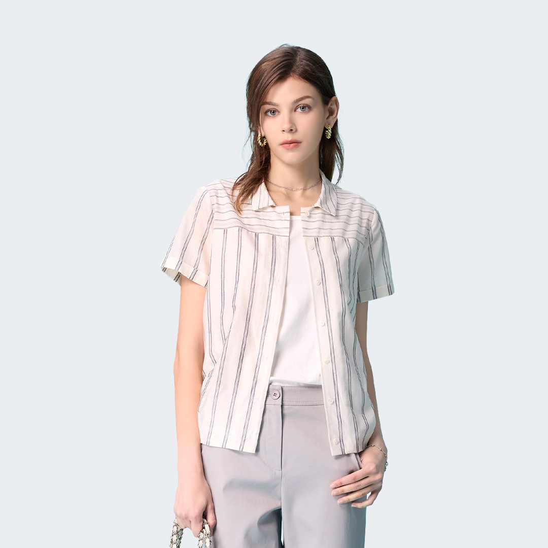 細緻條紋拼接短袖襯衫