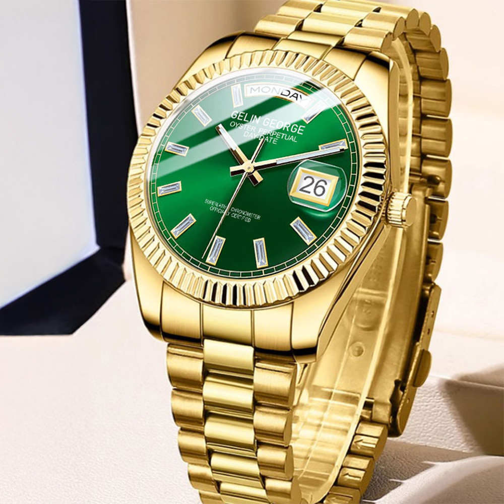 【GELIN GEORGE格林喬治】綠冰糖系列 GL-609 限量 錶殼錶帶表面黃金 機械 不鏽鋼 手錶