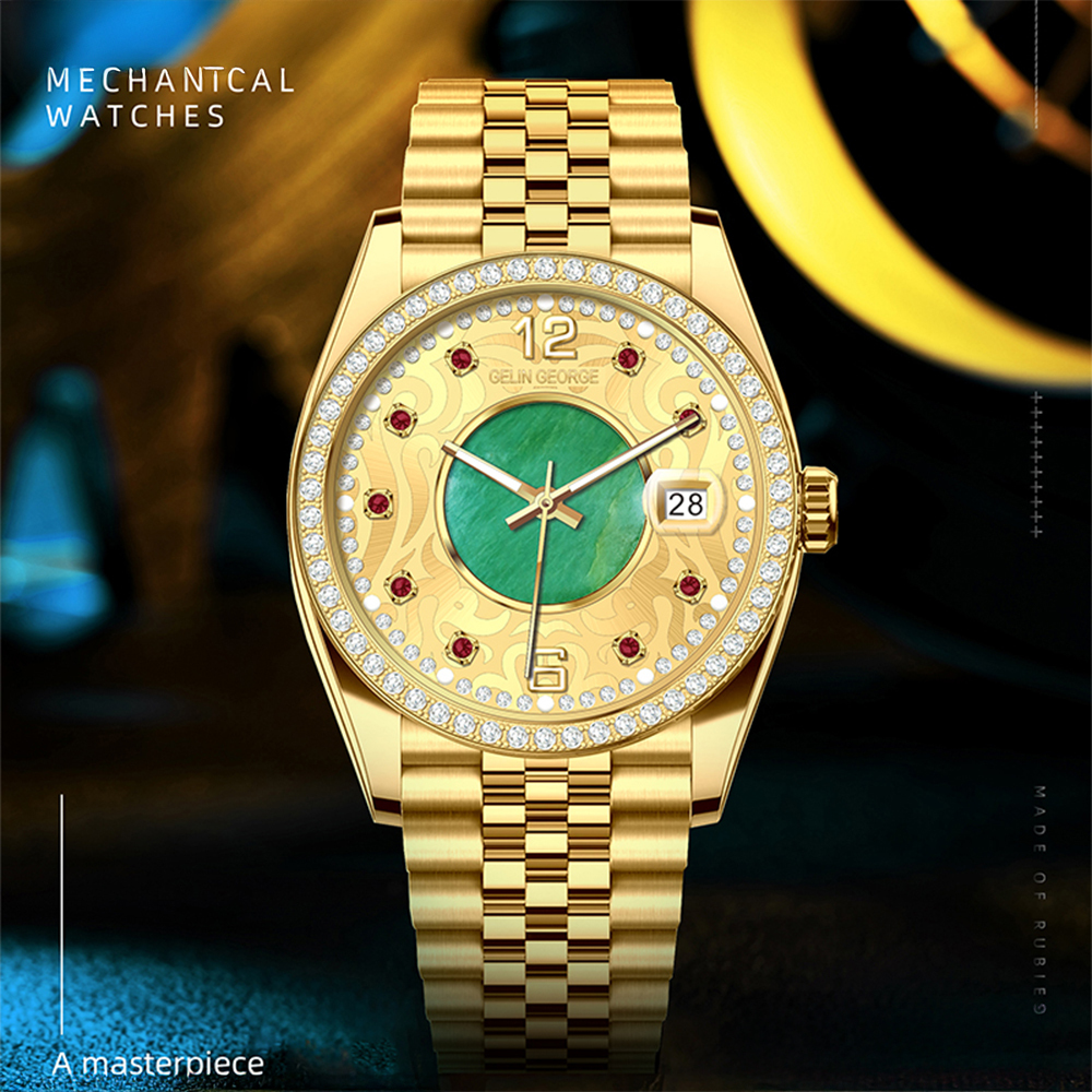 【GELIN GEORGE格林喬治】璀璨輝煌系列 GL-6011 限量 錶殼錶帶表面黃金 機械 不鏽鋼 手錶
