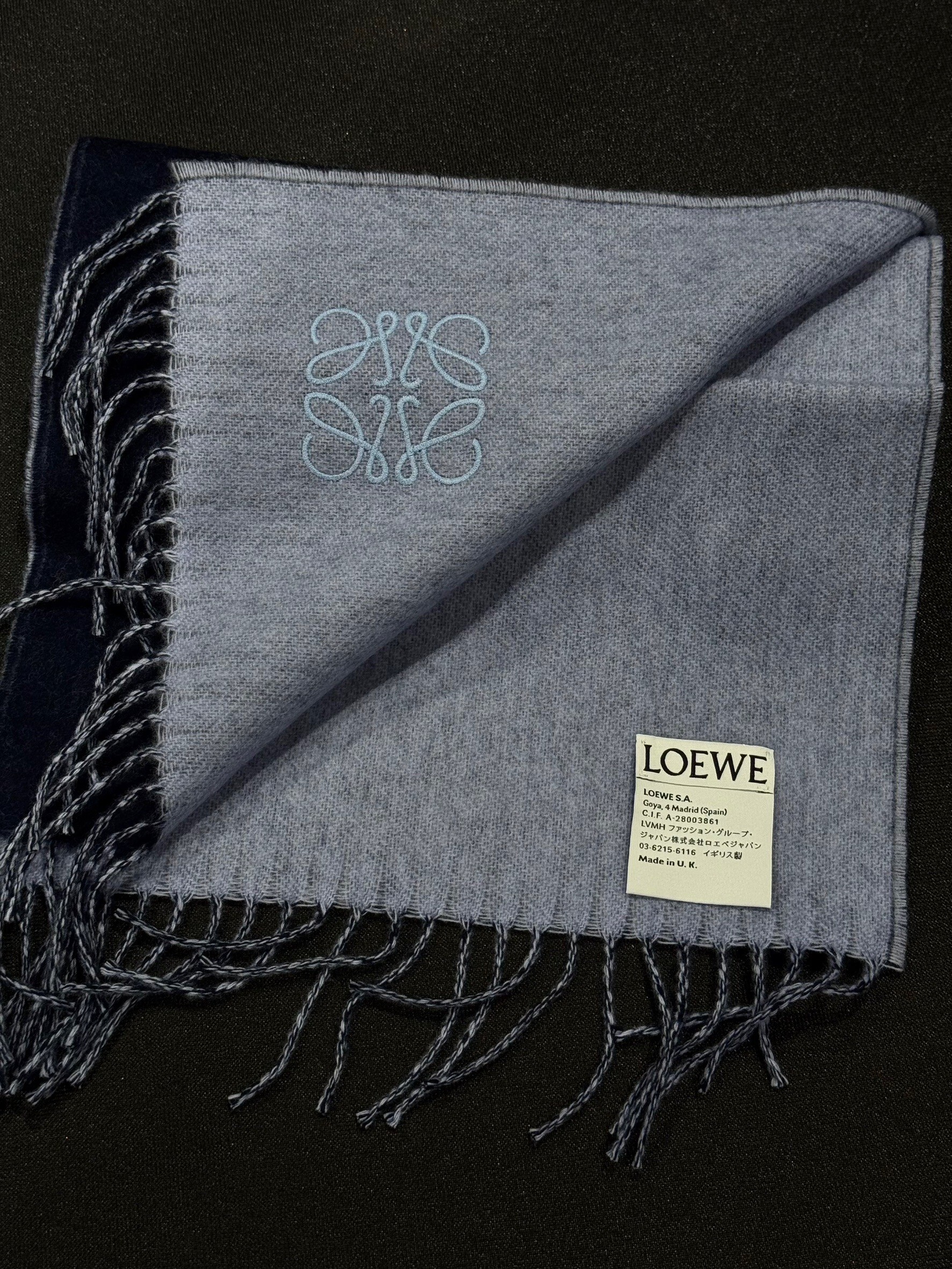 LOEWE 深藍刺繡Logo 雙面羊毛圍巾