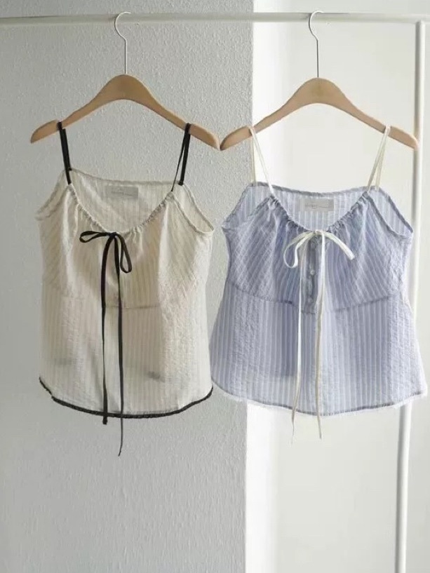 純欲棉麻滾邊直條紋背心/二色