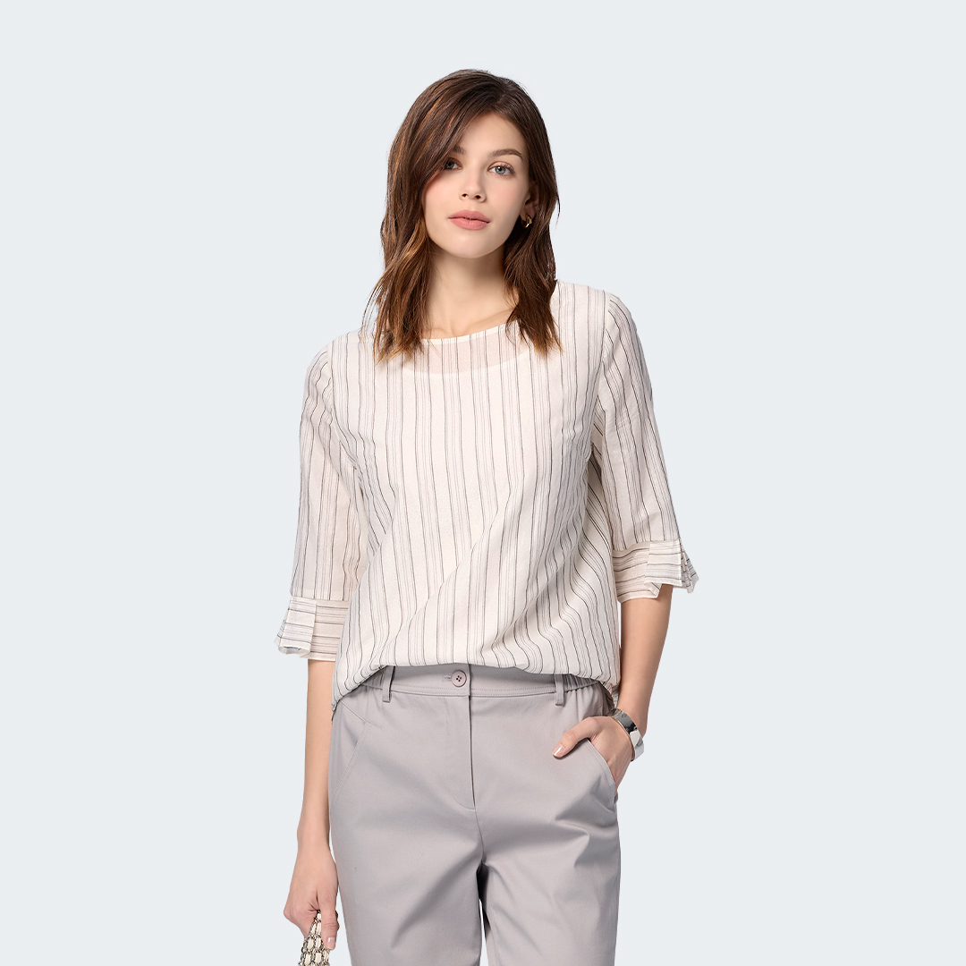 透感層次條紋五分袖上衣