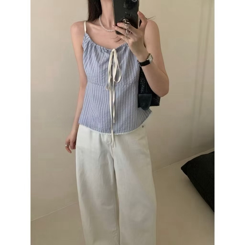 純欲棉麻滾邊直條紋背心/二色