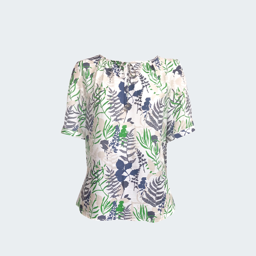 森林光影綁帶絲棉混紡印花上衣