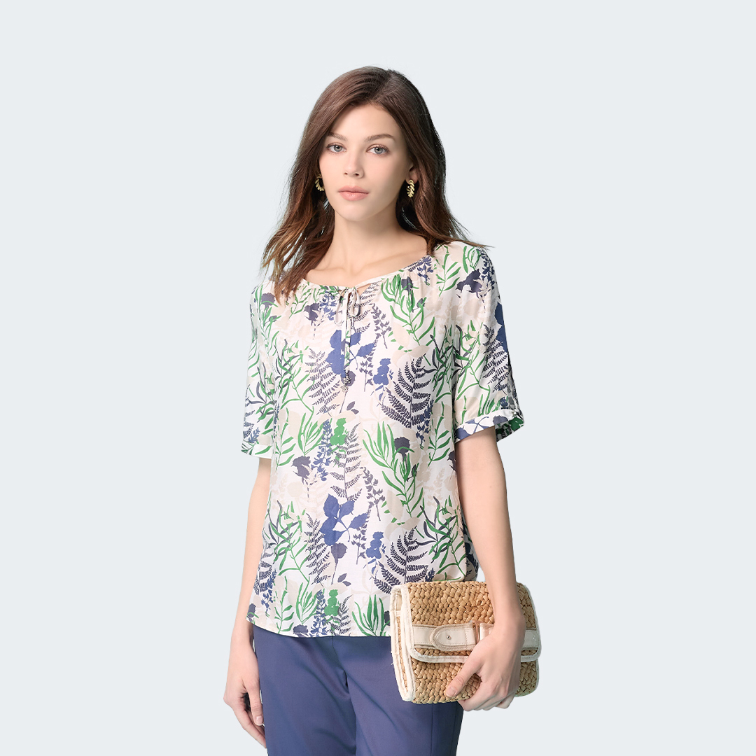 森林光影綁帶絲棉混紡印花上衣