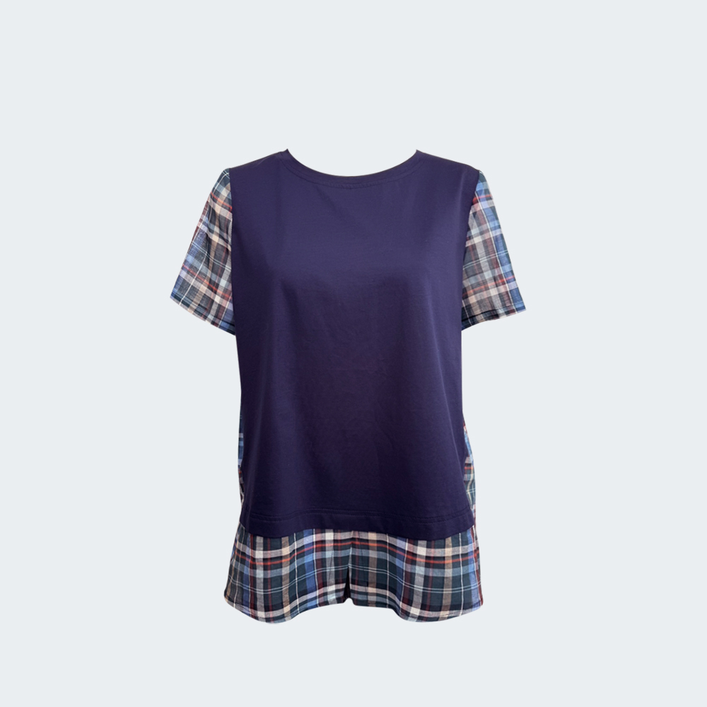 靛格交錯拼接棉麻混紡上衣