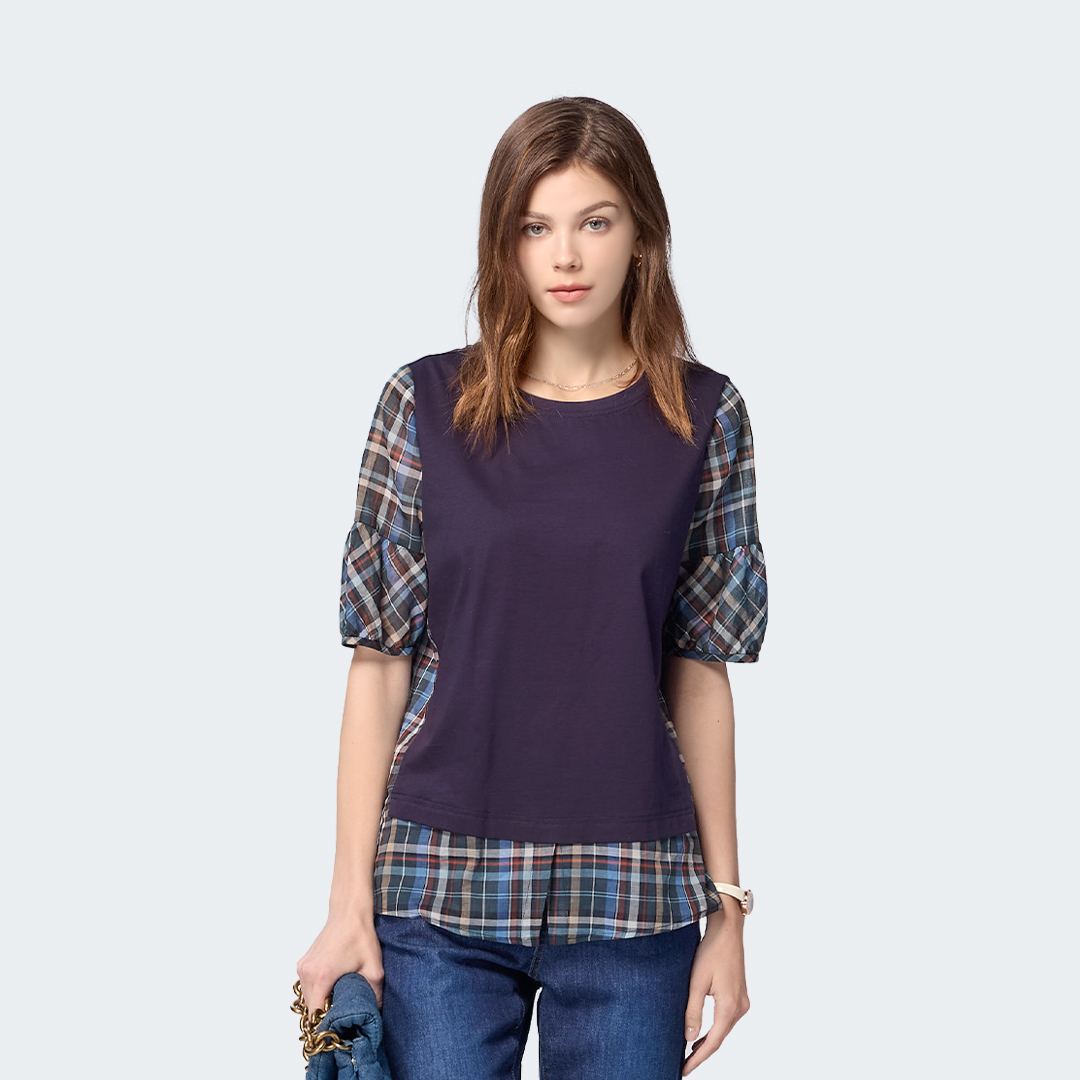 靛格交錯拼接棉麻混紡上衣