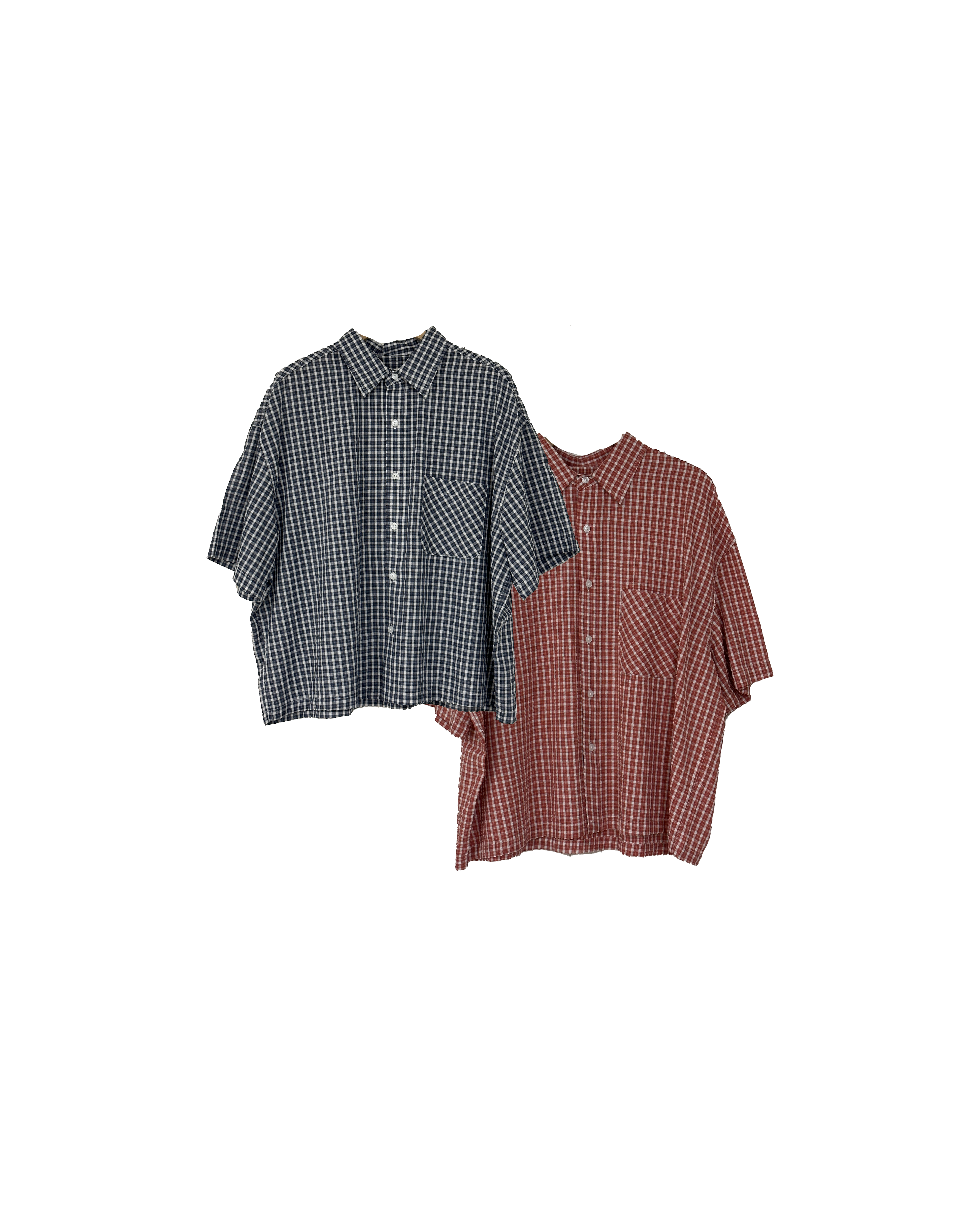 尖領格紋單口袋寬版恤衫