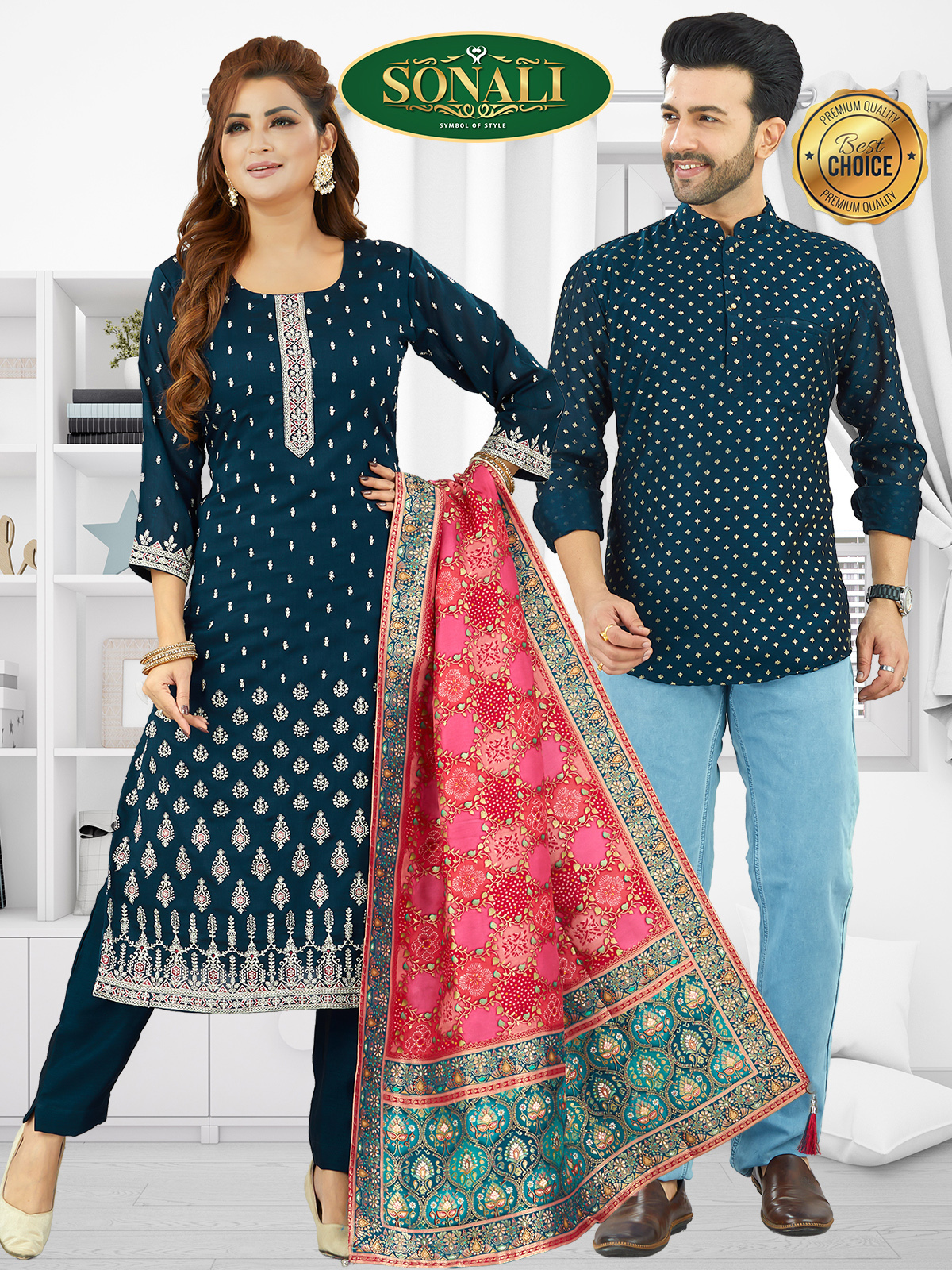 Sonali Super Premier Quality Couple Collections Men Shirt Kurtis Women's Set - Q1964/Q1965