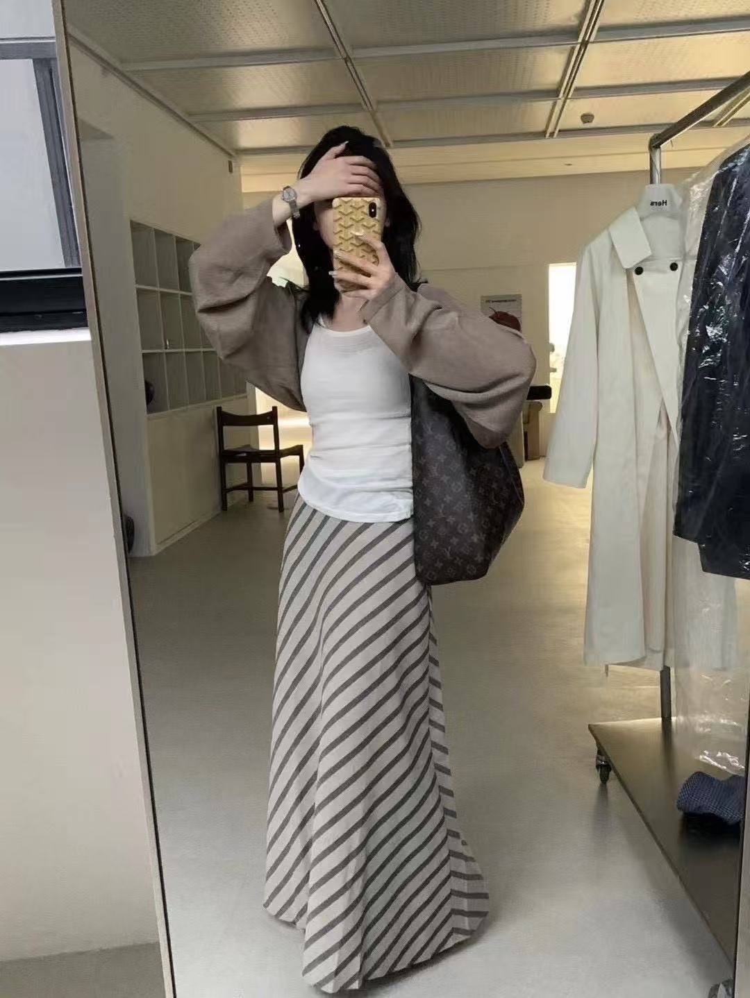 2108 復古感斜條紋麻料半身裙