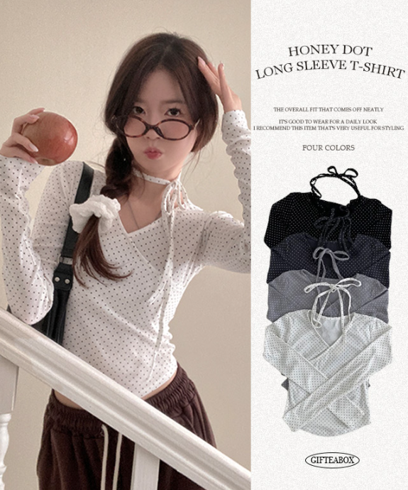 早秋預訂｜點點蝴蝶結綁帶V領長袖T 恤