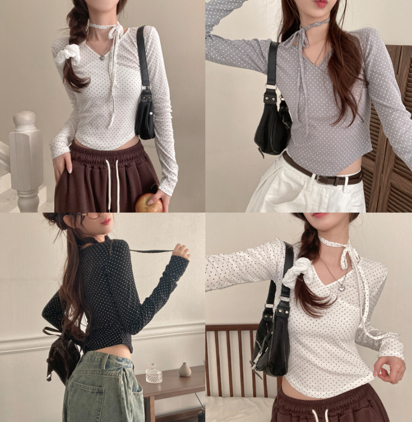 早秋預訂｜點點蝴蝶結綁帶V領長袖T 恤