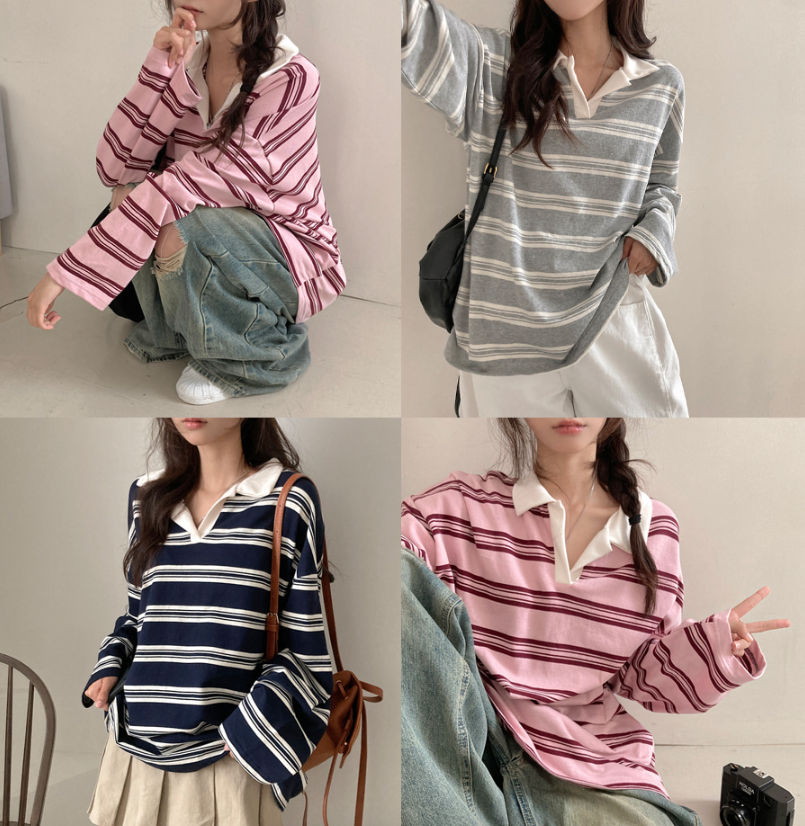 早秋預訂｜Benny 條紋雙色領長袖T 恤