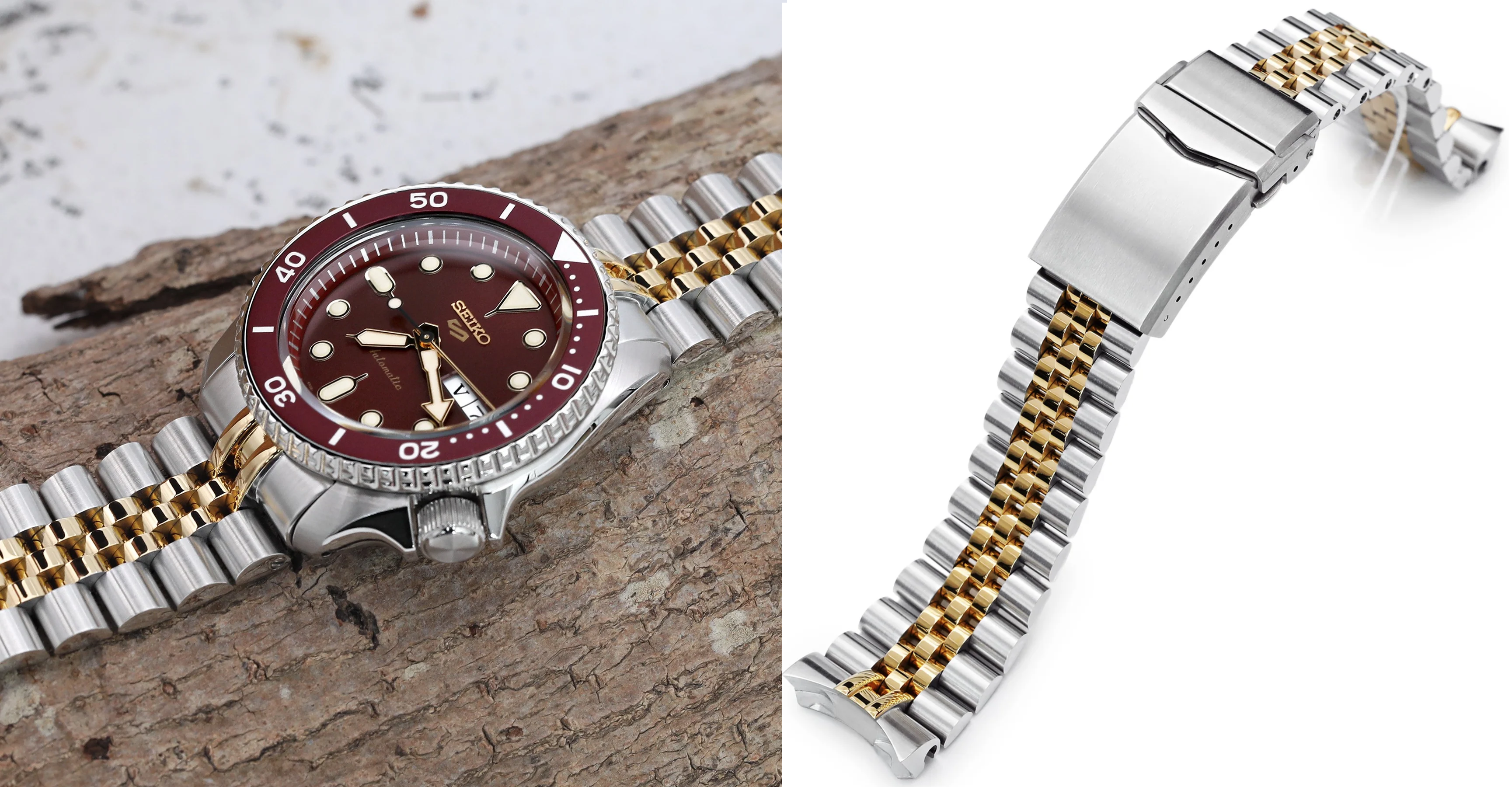 萬年鐘錶 - 太空人錶帶 SEIKO 5 SPORTS  專用錶帶  3D實心五珠半金不鏽鋼V形潛水扣錶帶  ( 新款5號   LOGO專用 )  SS221820PGD117