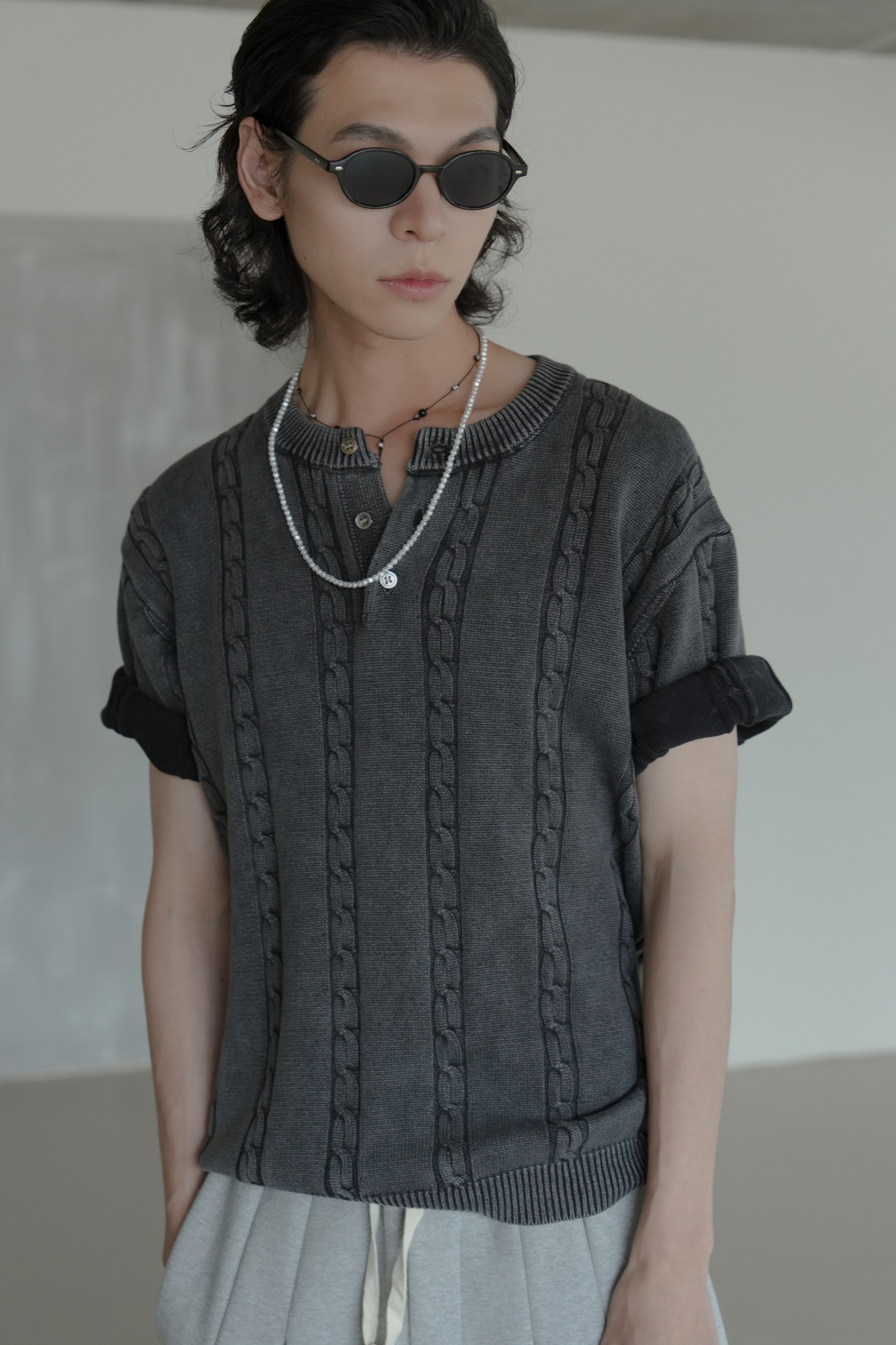 Pigment-Dyed Cable Henley Neck Knit #上衣 (售完不補)