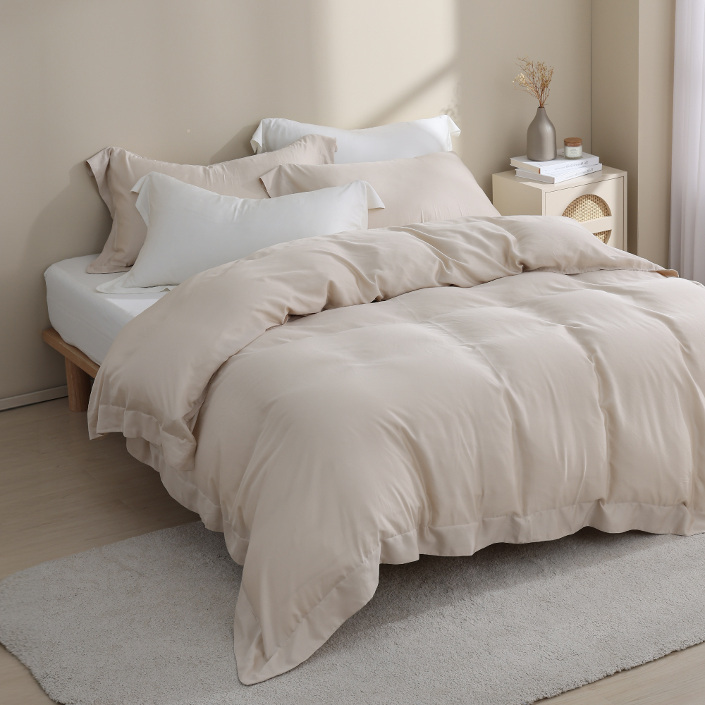 100支天絲｜100%萊賽爾｜雙色配｜奶杏白ｘ淡茶米